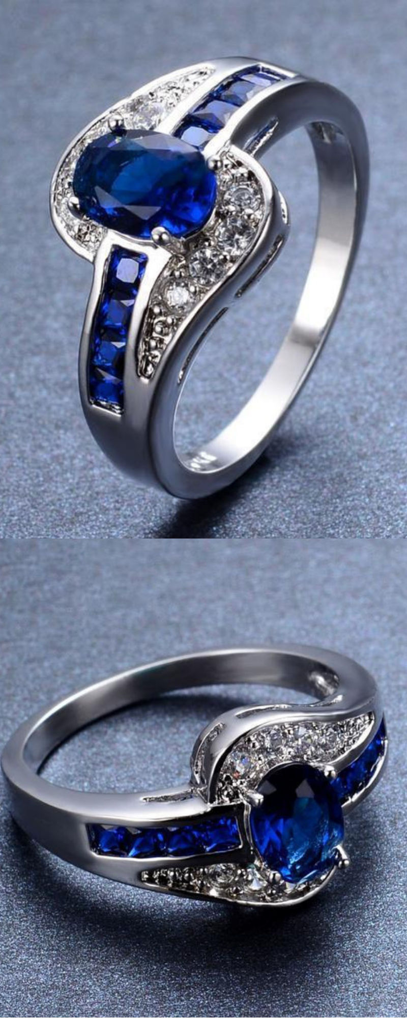 Blue Sapphire Stone Ring - White Gold