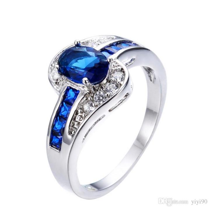 Blue Sapphire Stone Ring - White Gold