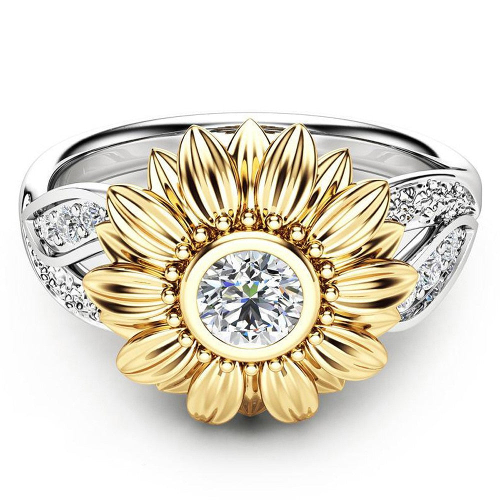 EXQUISITE SILVER CRYSTAL SUNFLOWER RING